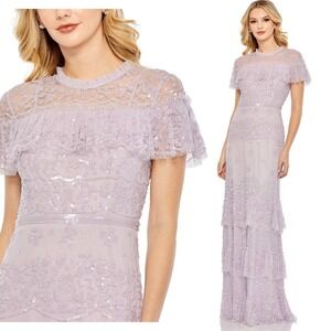 NWT Mac Duggal Purple Embellished Cap Sleeve Ruffle Tiered Gown $798 - Size 16